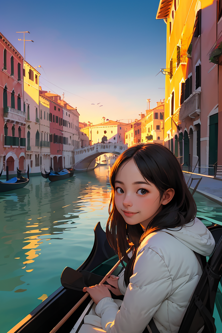 (best quality, masterpiece), 1girl on a gondola in Venice, happy, traveler, sunset,